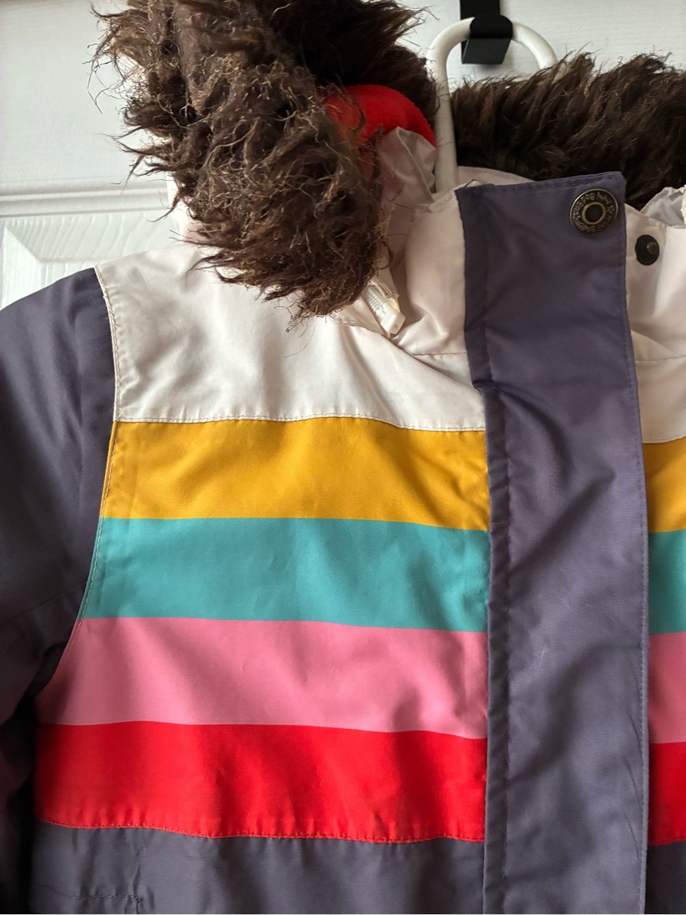 Mini Boden Girls' Hooded Snowsuit in Indigo/purple, White, Teal, Pink & Red